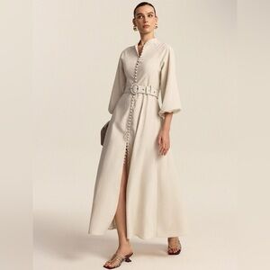 Commense Cream Long Sleeve Belted Dress